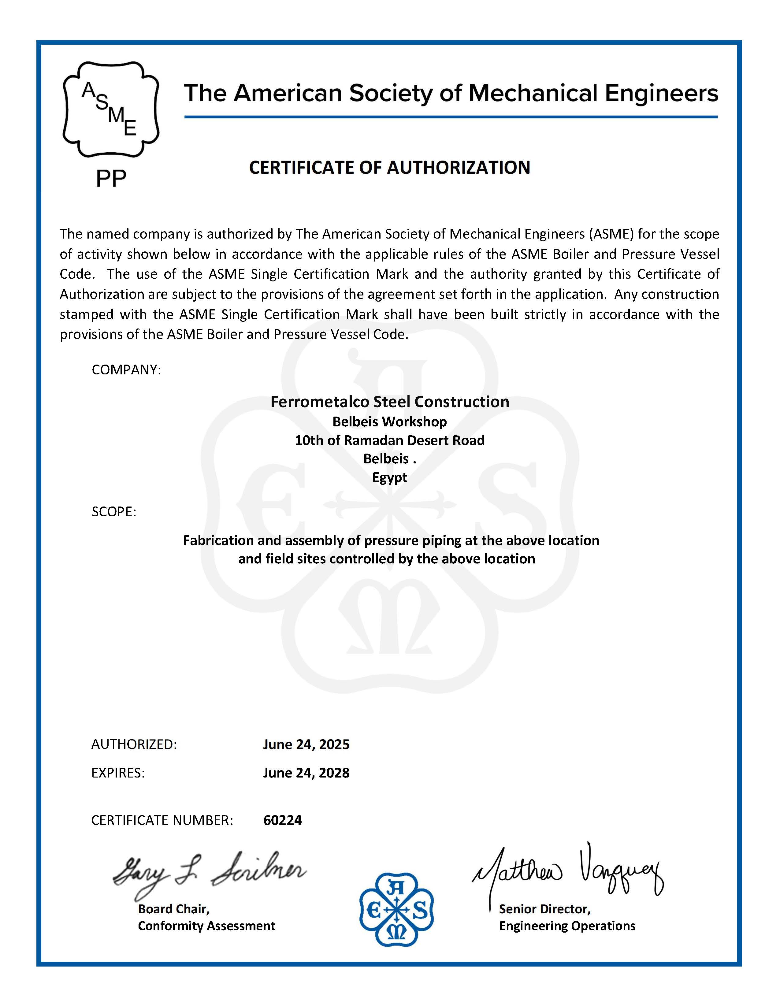ASME Certificates of Authorization Renewed